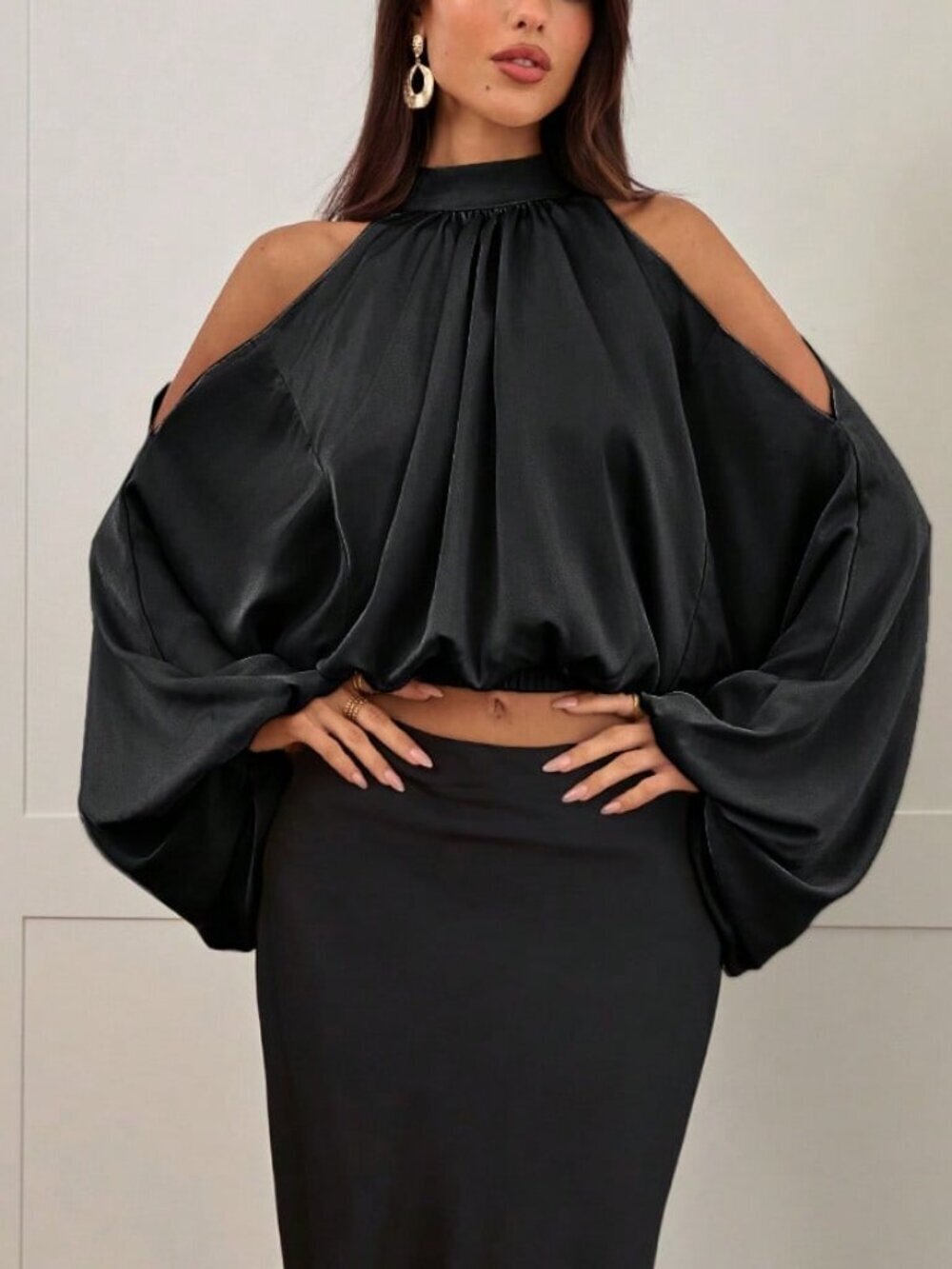 Black Casual Women's Satin Blouse Long Sleeve Top
